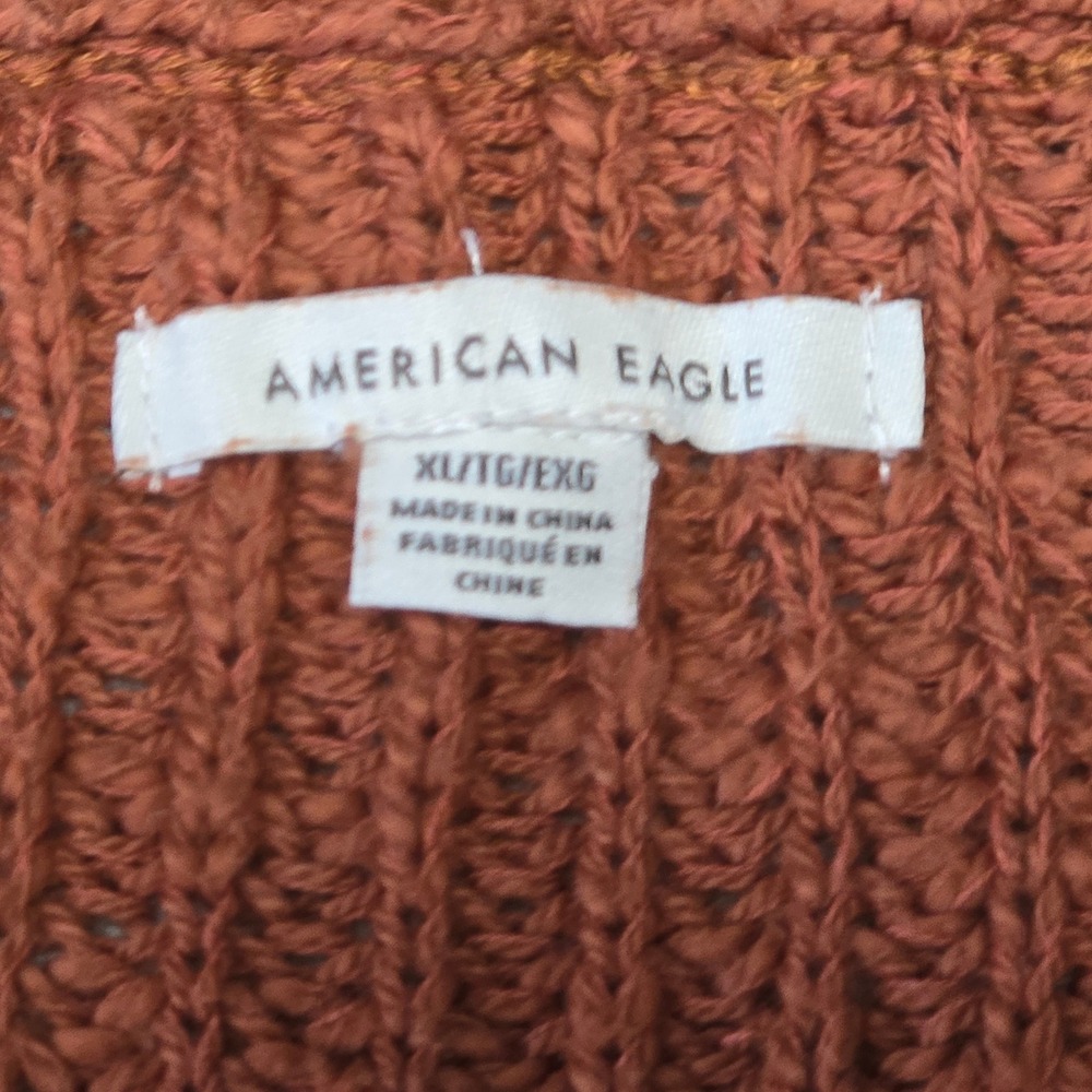 American Eagle Women Size XL V Neck Sweater Rust Cable Knit Balloon Sleeve - Picture 2 of 5